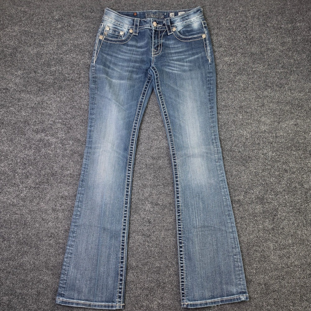 Miss Me Bootcut Jeans Womens 28 Med Wash Low Rise Denim Fleur-de-lis Embroidered